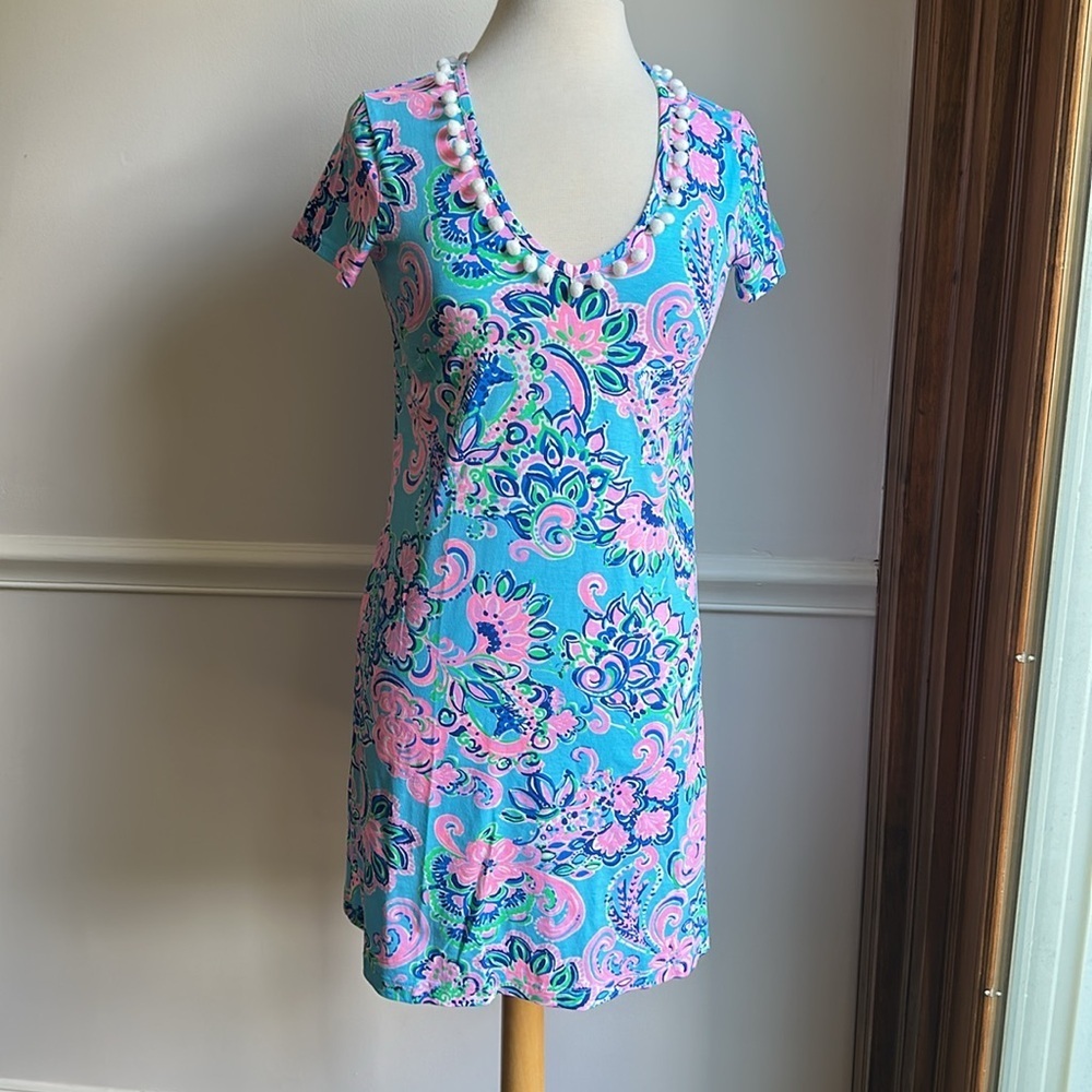 Lilly Pulitzer Etta V-Neck T-Shirt Dress Blue Horizon Jungle Sunrise XS EUC - Picture 4 of 9